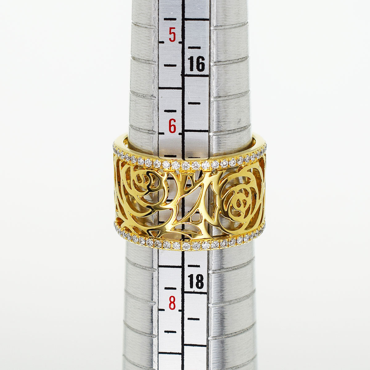 CHANEL Camellia Diamond Flowers Wide Gold Ring Size 7