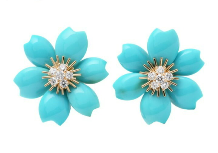 Rare Van Cleef & Arpels Turquoise Diamond Rose de Noel 18KT Yellow Gold Earrings