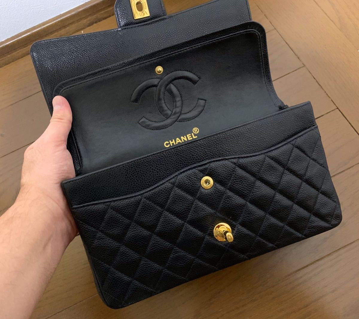 CHANEL Black Caviar Double Flap Gold Hardware Shoulder Bag