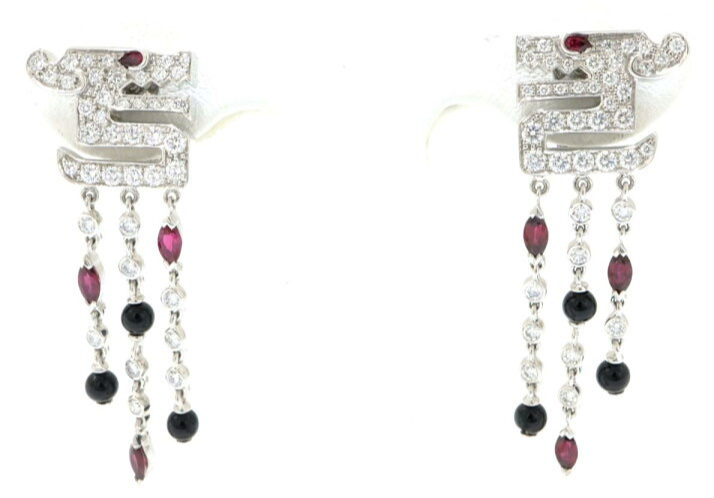 Rare Cartier Du Dragon Diamond Ruby Onyx Dangle Earrings