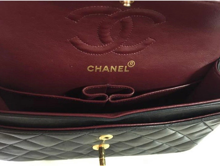 CHANEL Black Lambskin 24KT Gold Hardware 25 Quilted Leather Handbag / Crossbody