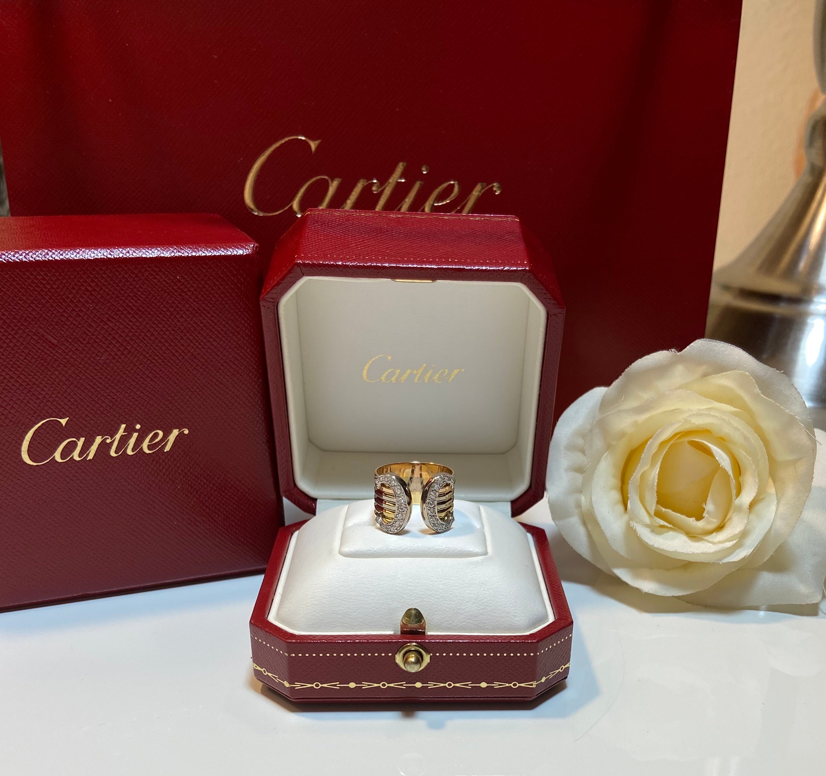 Cartier Tri-Gold 2C Diamond Paved Wide Band Ring #53