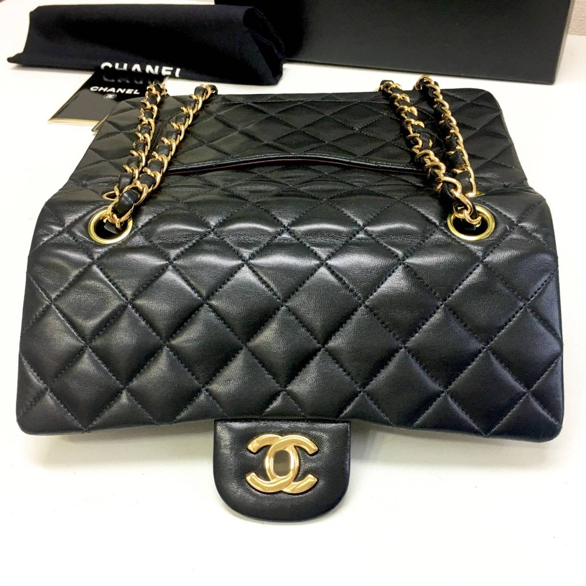 CHANEL Black Lambskin GHW Quilted Double Flap Handbag