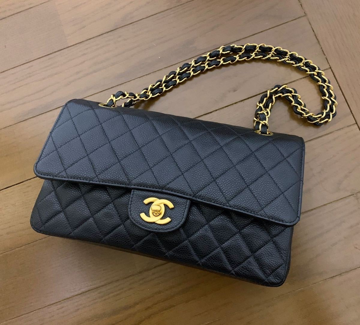 CHANEL Black Caviar Double Flap Gold Hardware Shoulder Bag