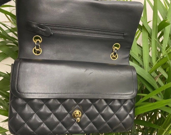 CHANEL Black Quilted Lambskin Double Flap Shoulder Handbag