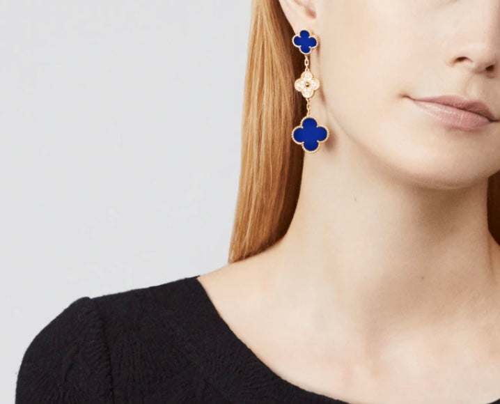 Van Cleef & Arpels Limited Edition Vendome Paris Diamond Blue Porcelain Alhambra Earrings