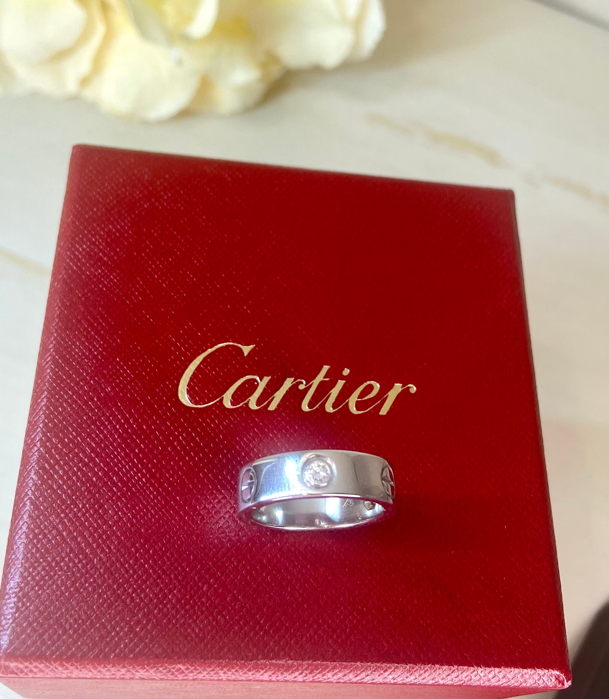 Cartier 3 Diamond 18Kt White Gold Love Ring Size 52/ US 6