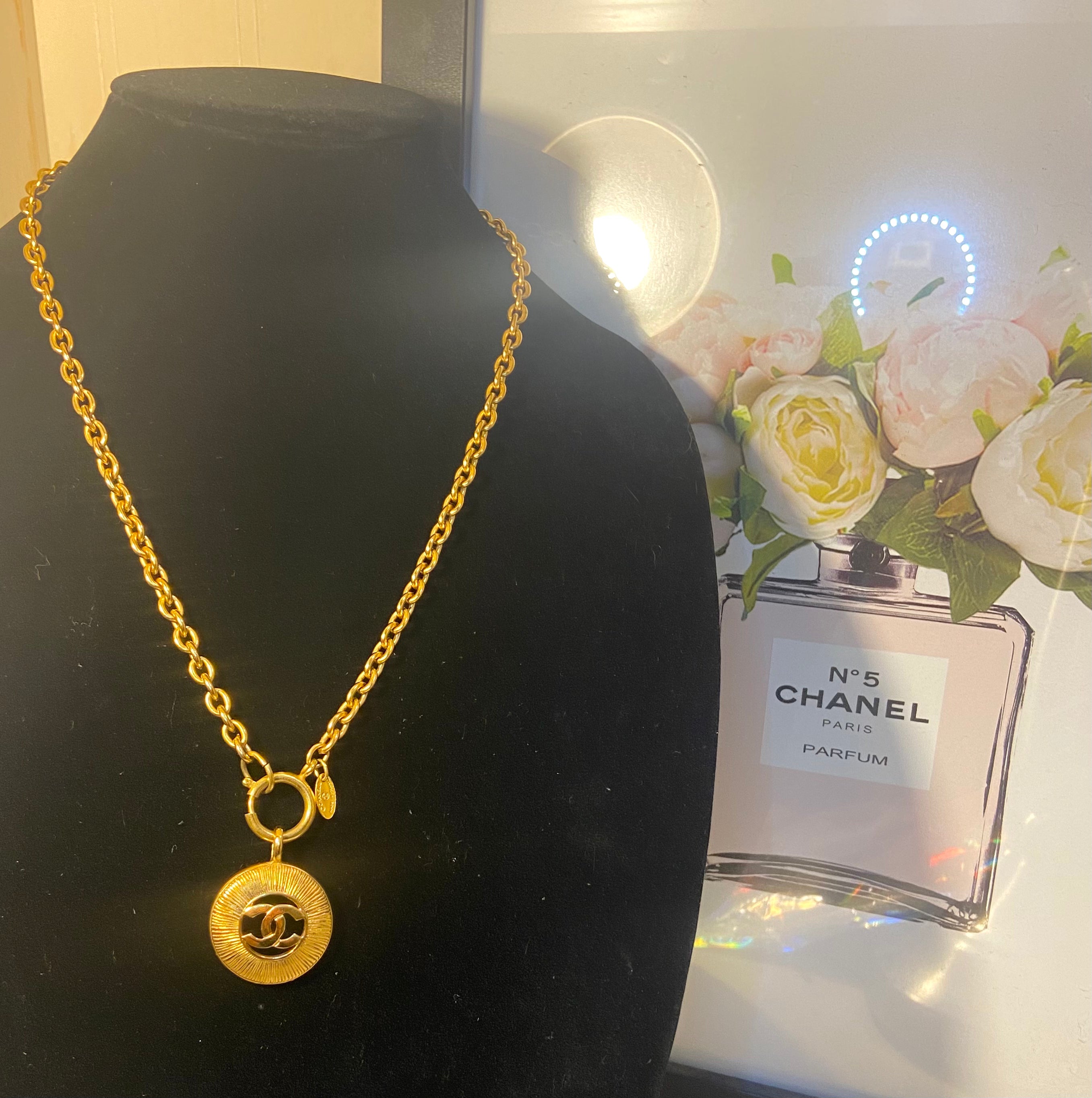 Vintage CHANEL 24Kt Gold CC Medallion Long Necklace