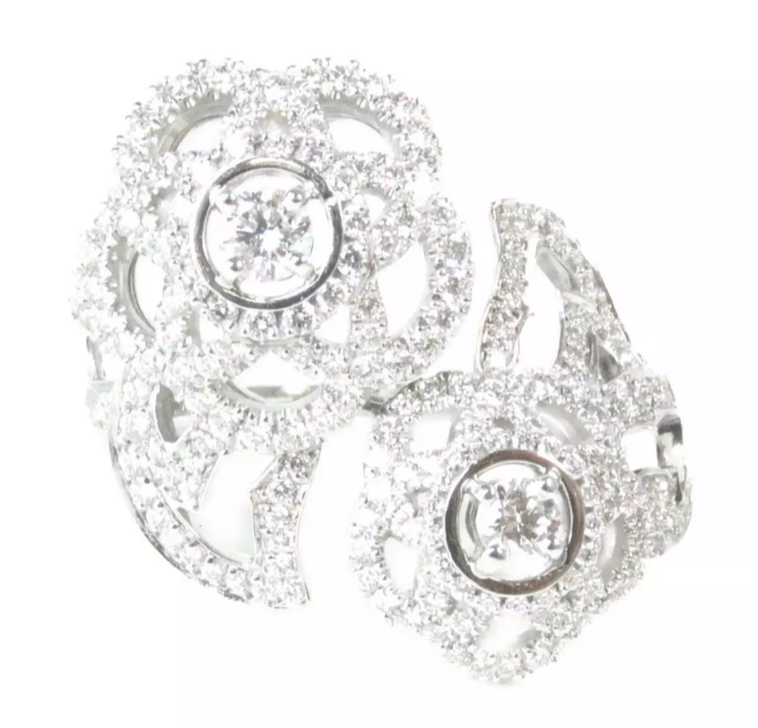 CHANEL Diamond Camelia 18KT White Gold Bypass Ring Size 5.5