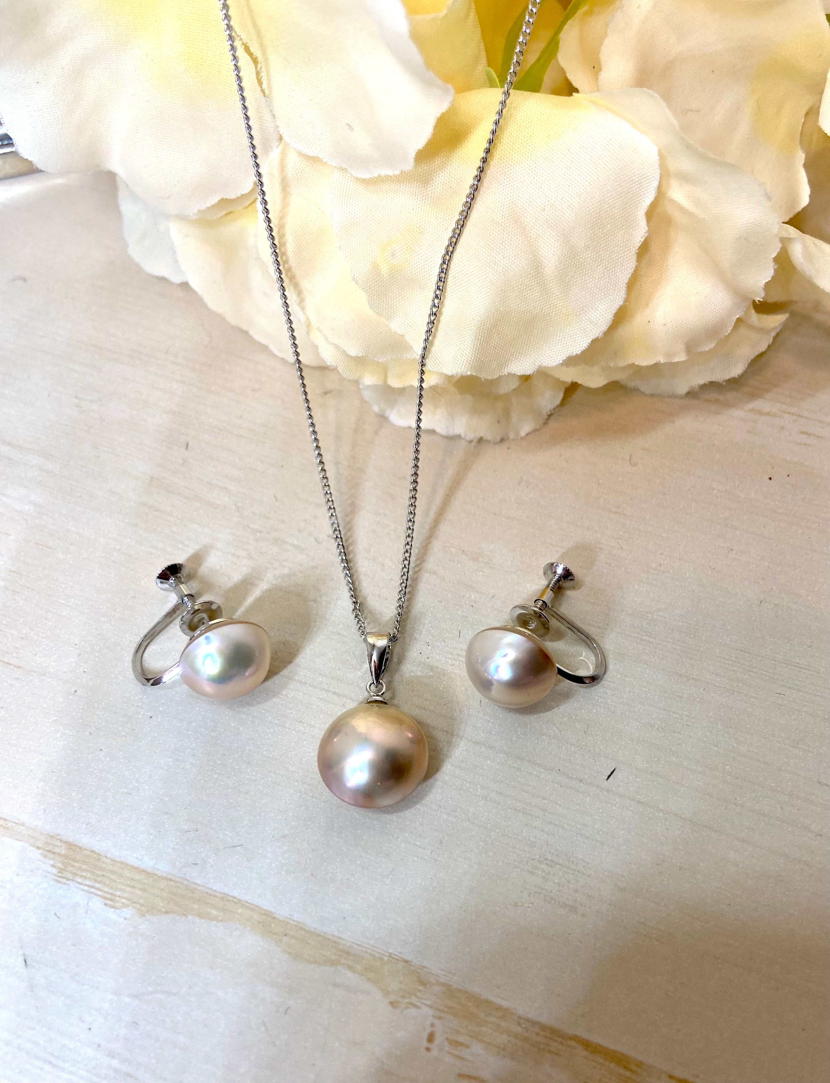 Tasaki Mabe Pearl 925 Sterling Silver Necklace & Earring Set