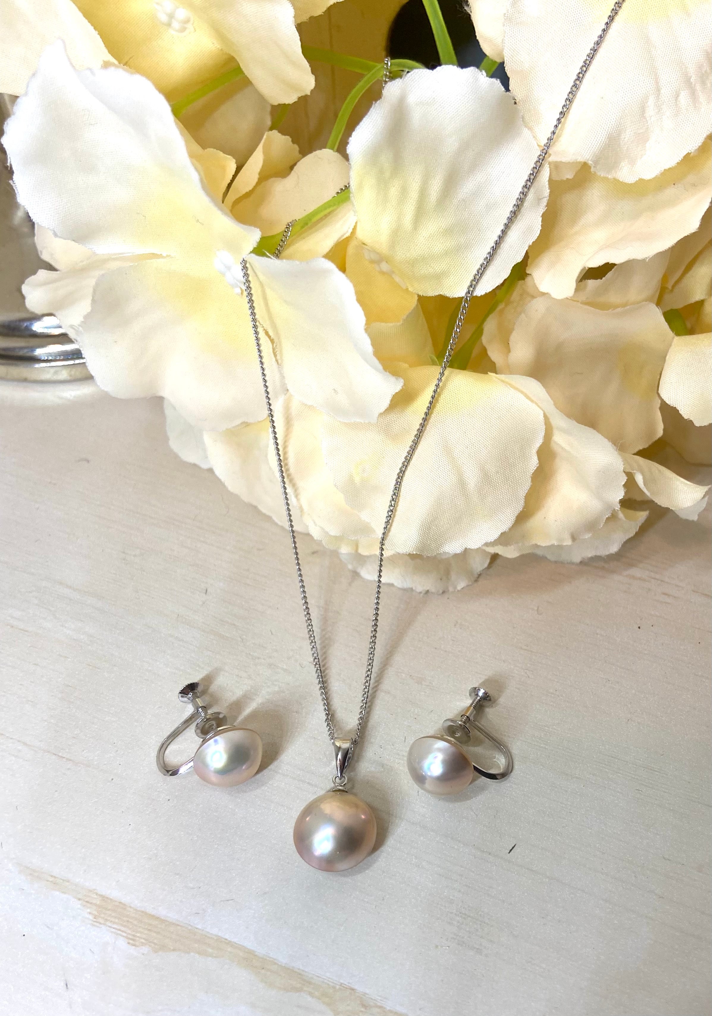 Tasaki Mabe Pearl 925 Sterling Silver Necklace & Earring Set