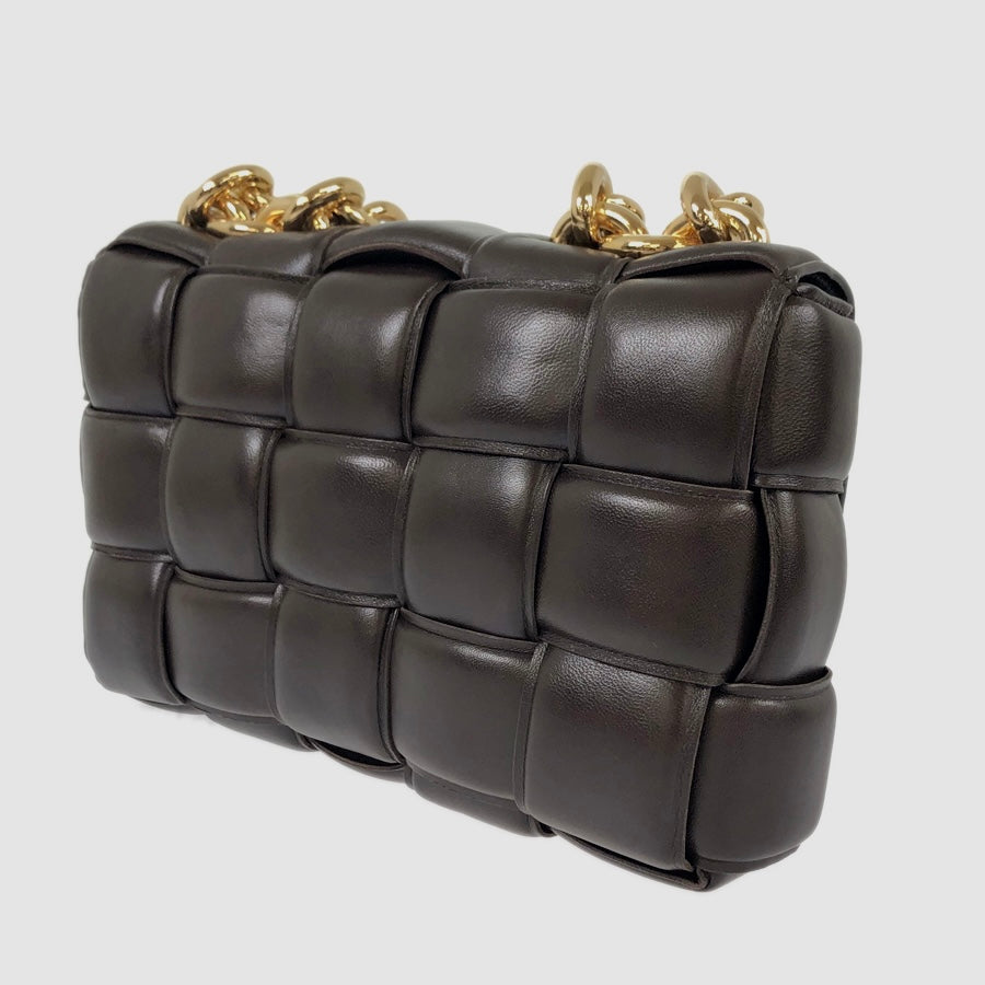 Bottega Veneta Chain Cassette Padded Interacciato Black Leather Gold Hardware Bag