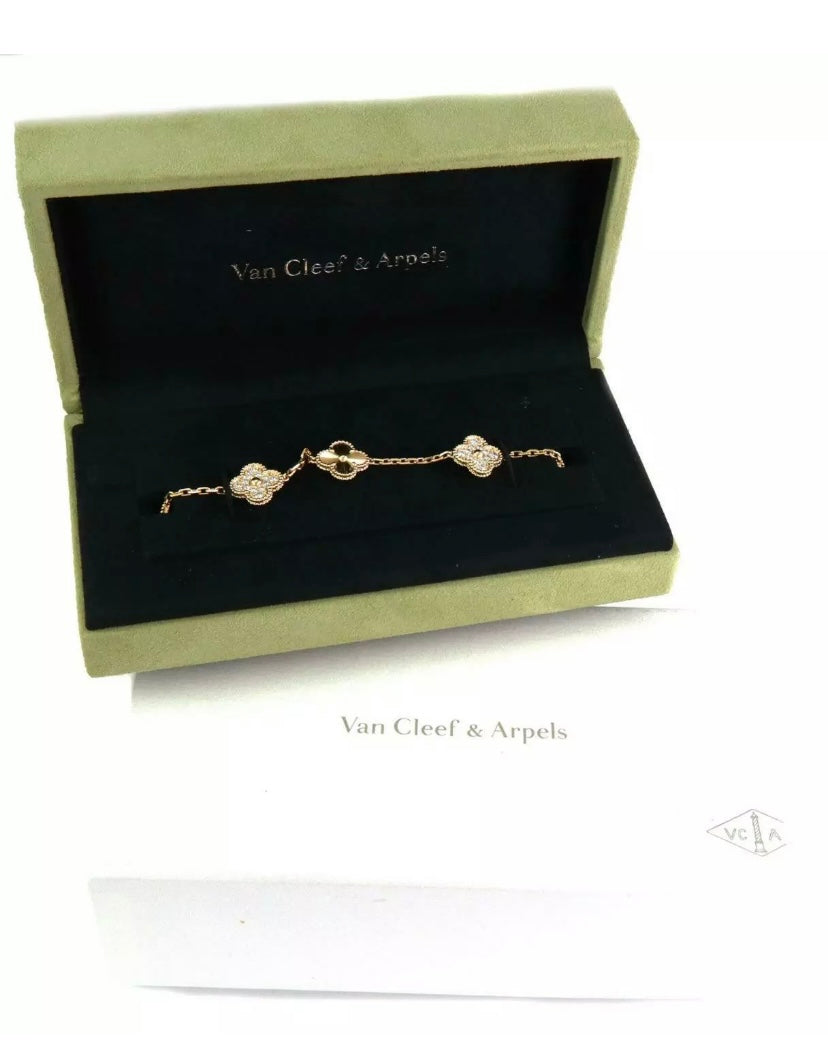 Van Cleef & Arpels Diamond-Paved Guilloche Vintage Alhambra 18Kt Gold Bracelet