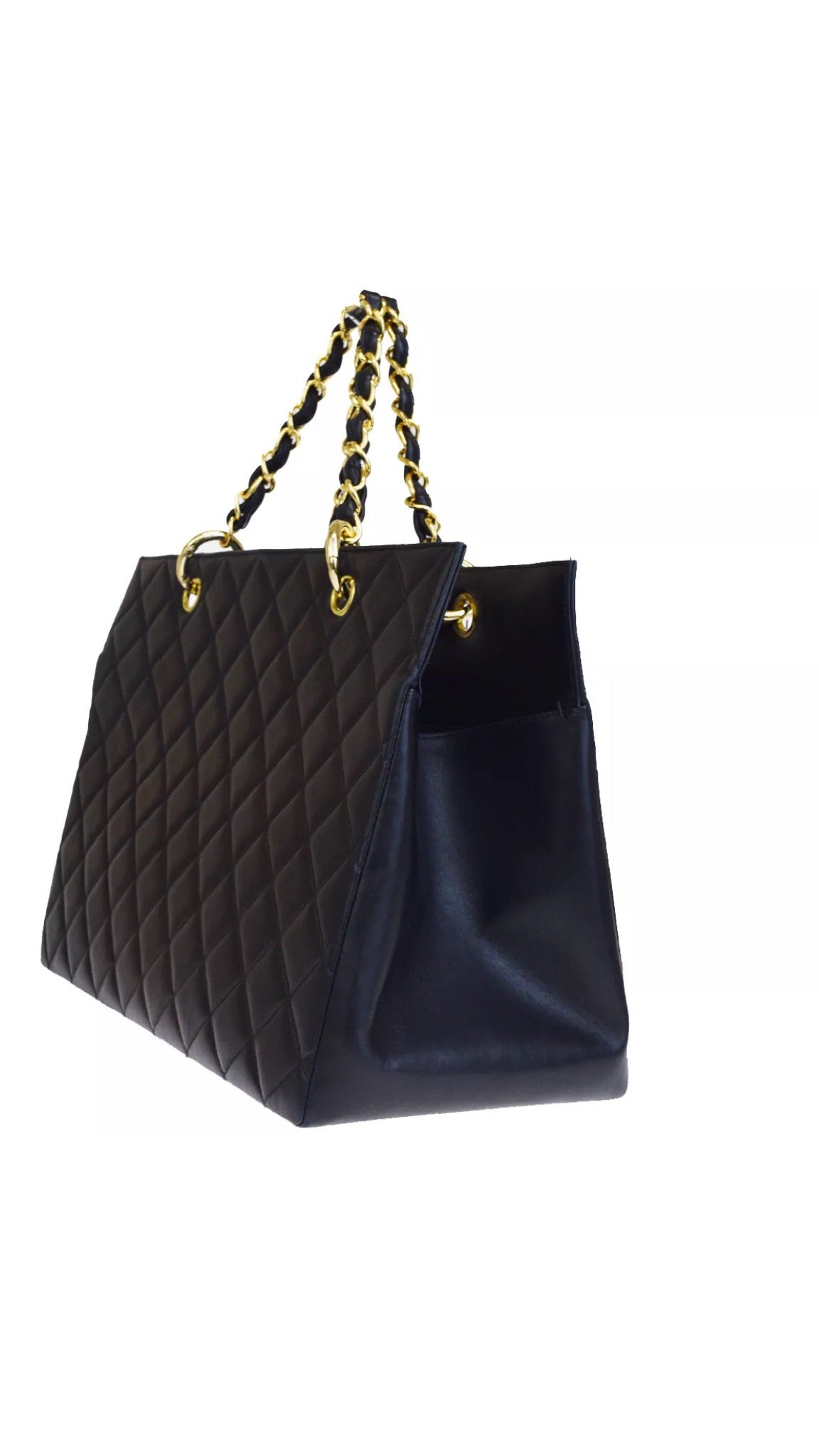 Auth CHANEL Grand Shopper Tote (GST) Black Lambskin Leather Handbag
