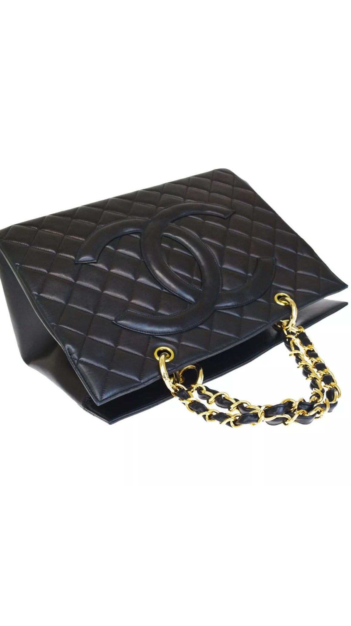 Auth CHANEL Grand Shopper Tote (GST) Black Lambskin Leather Handbag