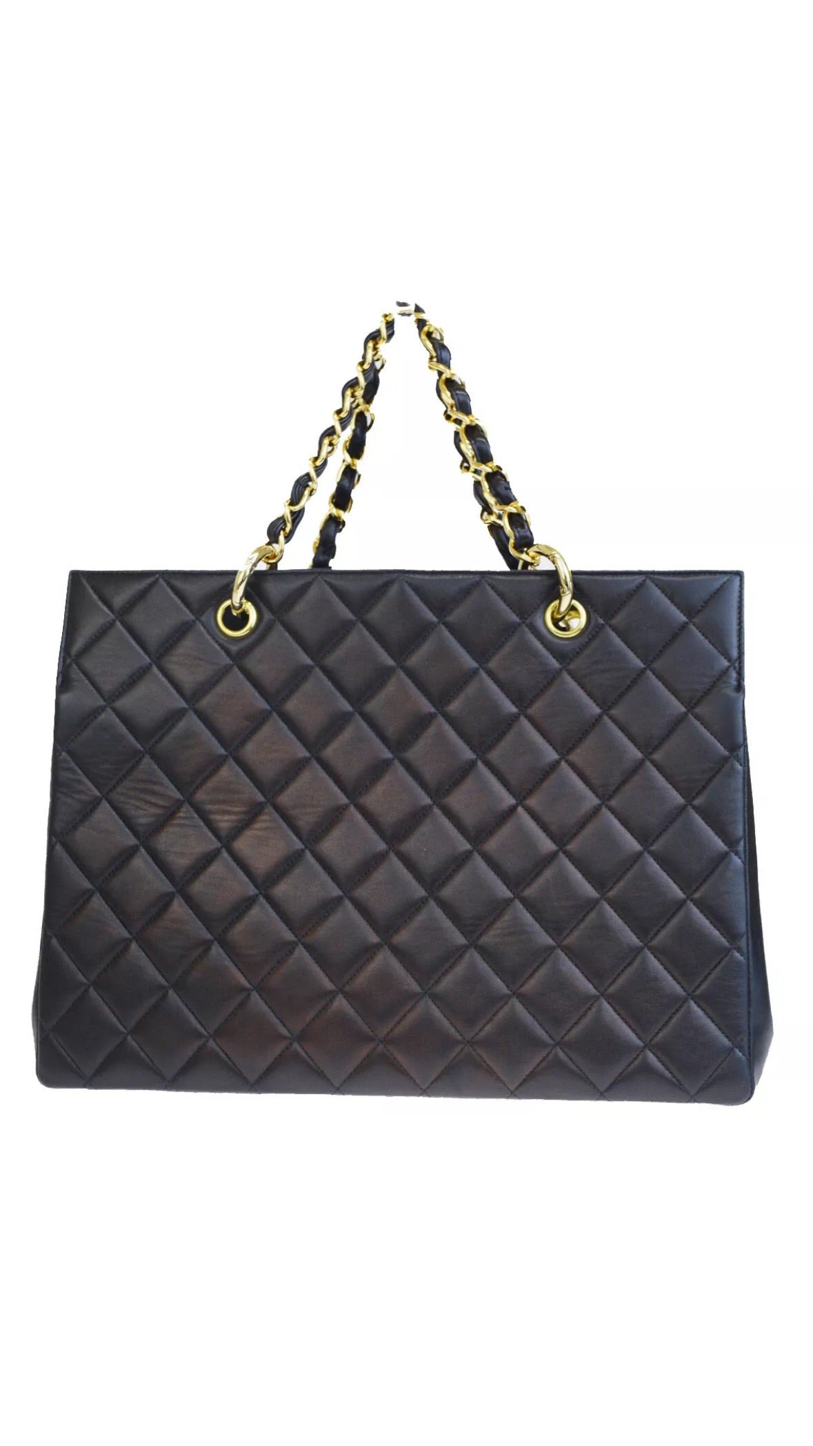 Auth CHANEL Grand Shopper Tote (GST) Black Lambskin Leather Handbag