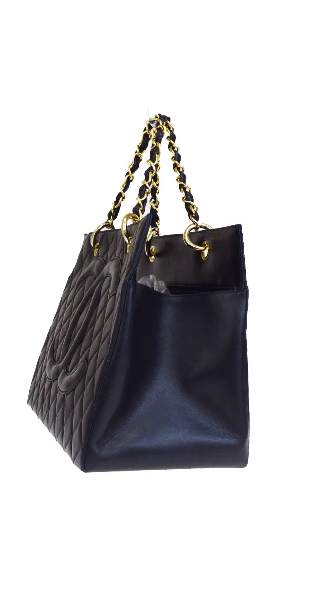 Auth CHANEL Grand Shopper Tote (GST) Black Lambskin Leather Handbag
